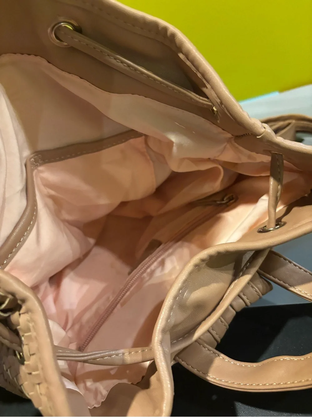 Woven Drawstring Bucket Bag in Tan